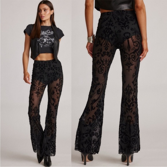 12th Tribe NWT Midnight Hour Black Velvet Burnout Flare Pants Size XL - Picture 1 of 11